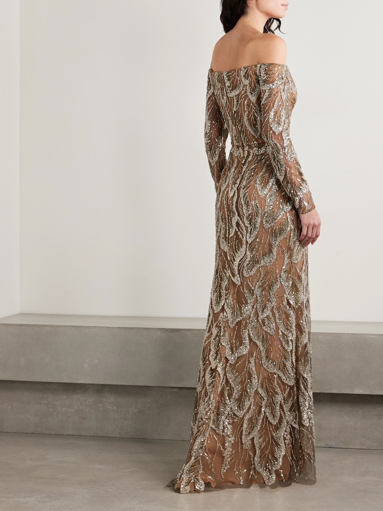 Elie Saab Off-the-shoulder Embellished Embroidered Silk-blend Tulle Gown In Neutrals