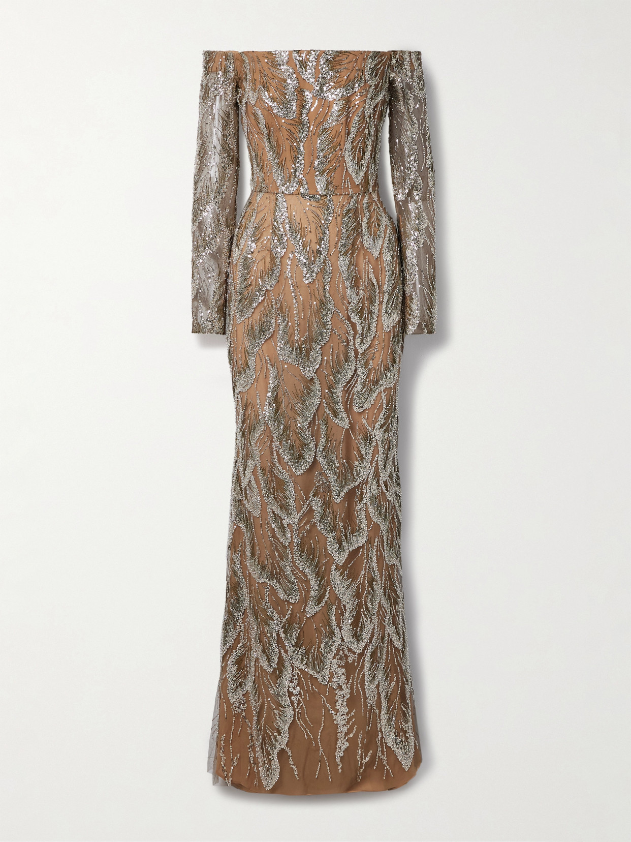Elie Saab Off-the-shoulder Embellished Embroidered Silk-blend Tulle Gown In Neutrals