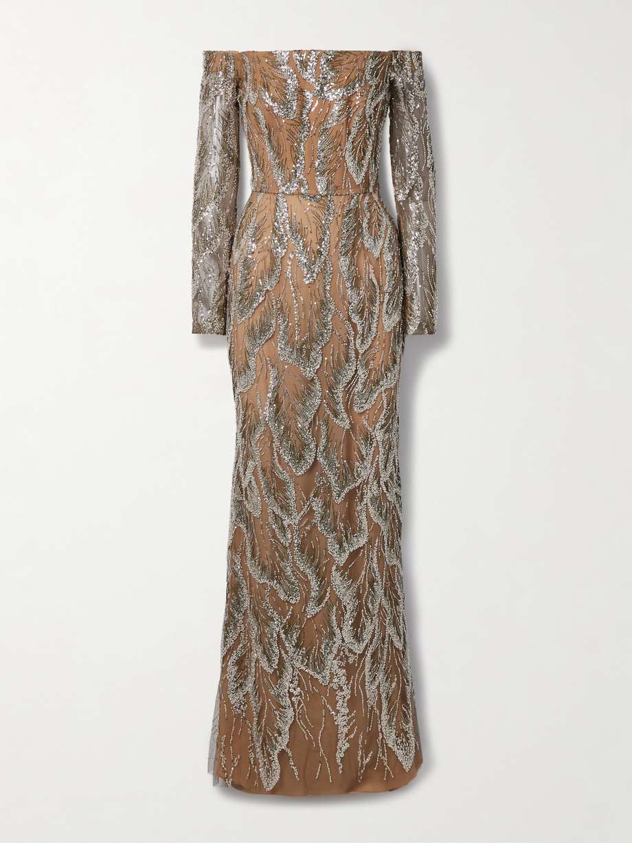 off-the-shoulder embellished embroidered silk-blend tulle gown