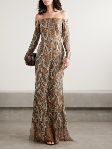 Elie Saab Off-the-shoulder embellished embroidered silk-blend tulle gown