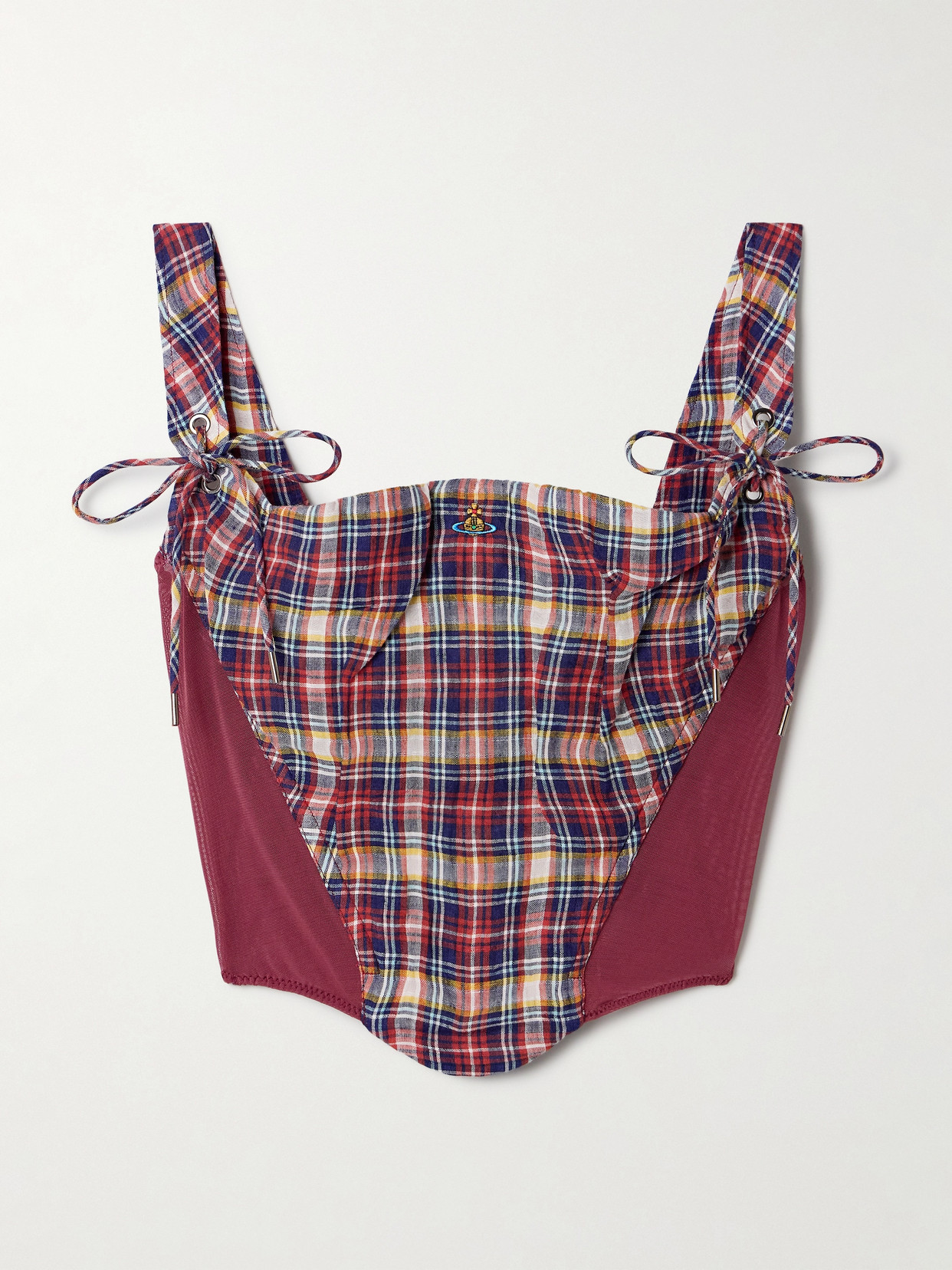 Vivienne Westwood Puppy Mesh-trimmed Checked Linen And Cotton-blend Bustier Top In Red