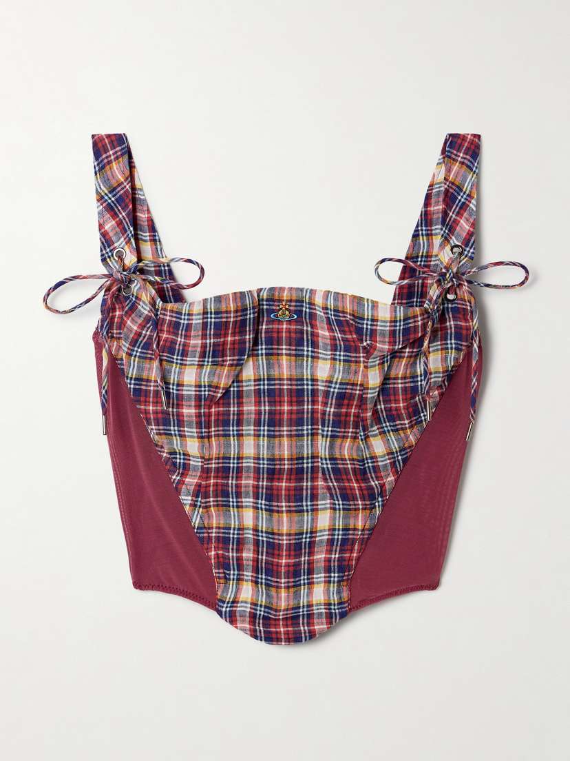 Vivienne Westwood Puppy Mesh-trimmed Checked Linen And Cotton-blend Bustier Top