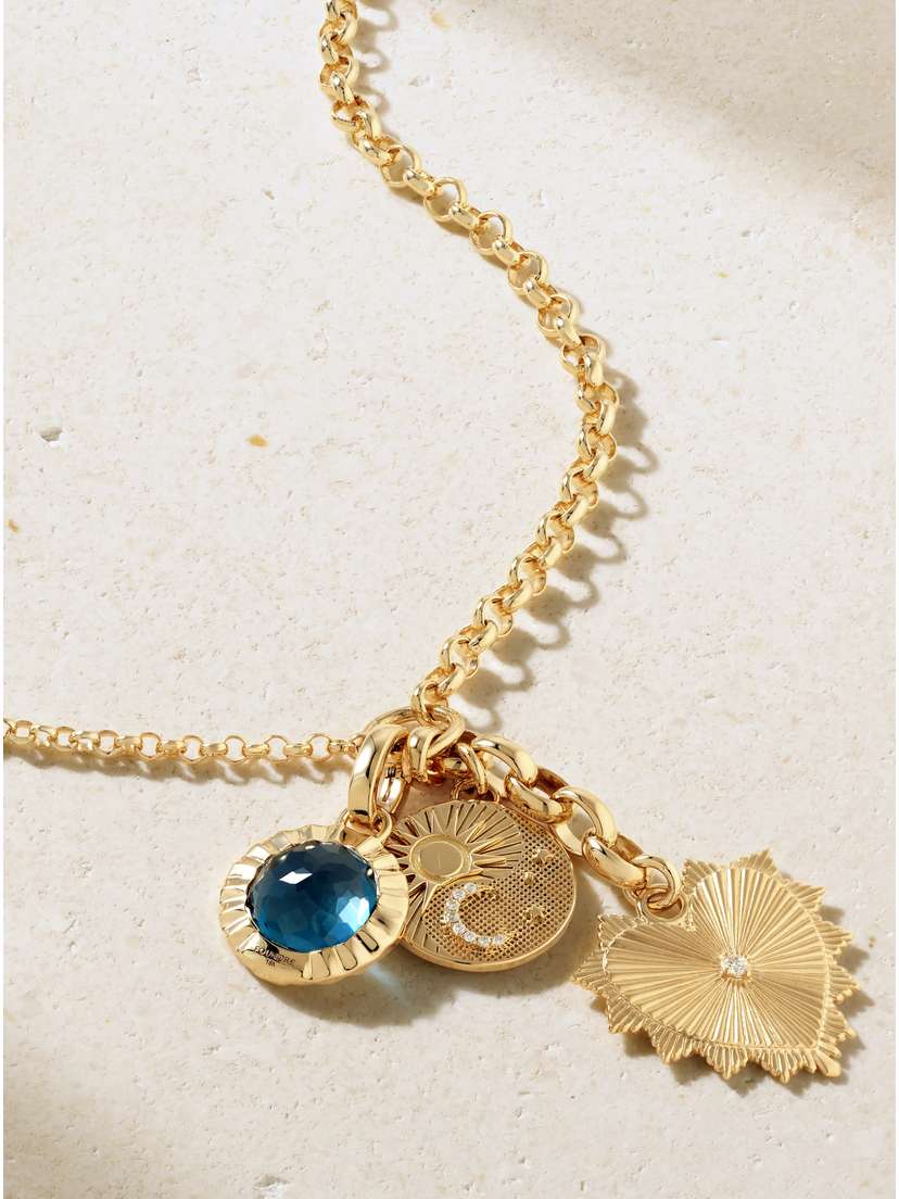Foundrae Radiating Heart, Karma & Internal Compass 18-karat Gold, Topaz And Diamond Necklace