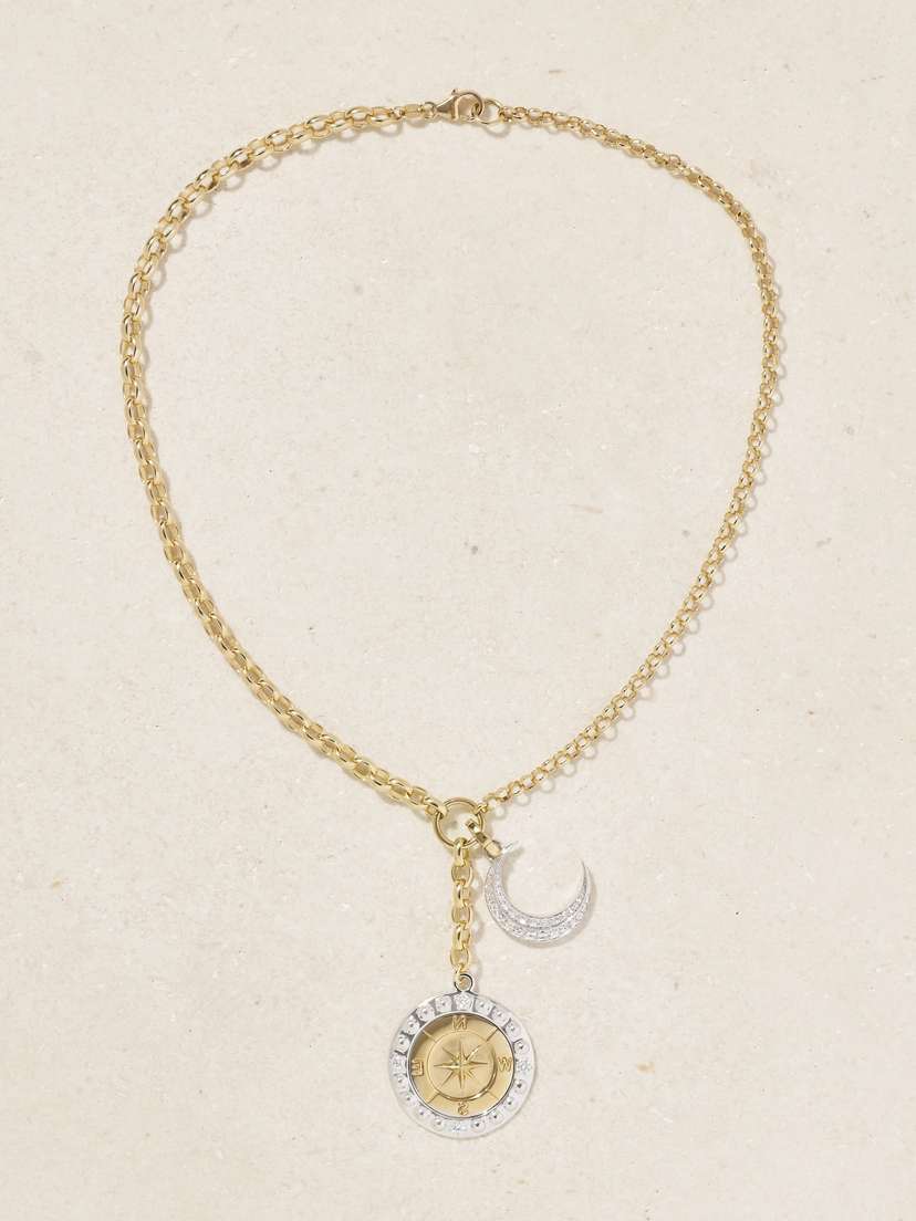 Foundrae Internal Compass And Crescent 18-karat Yellow And White Gold Diamond Necklace