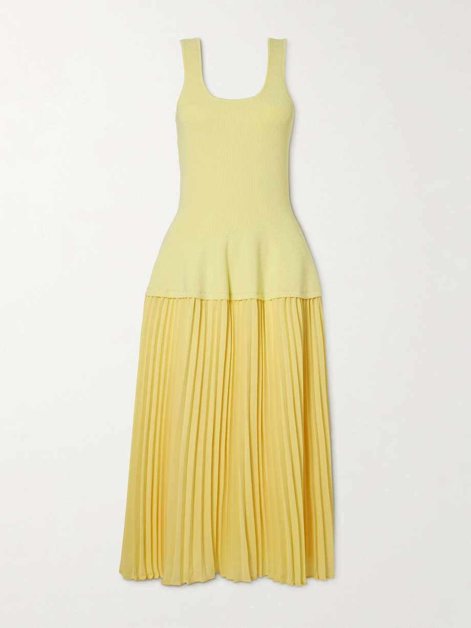 allana pleated georgette and ribbed-knit midi dress