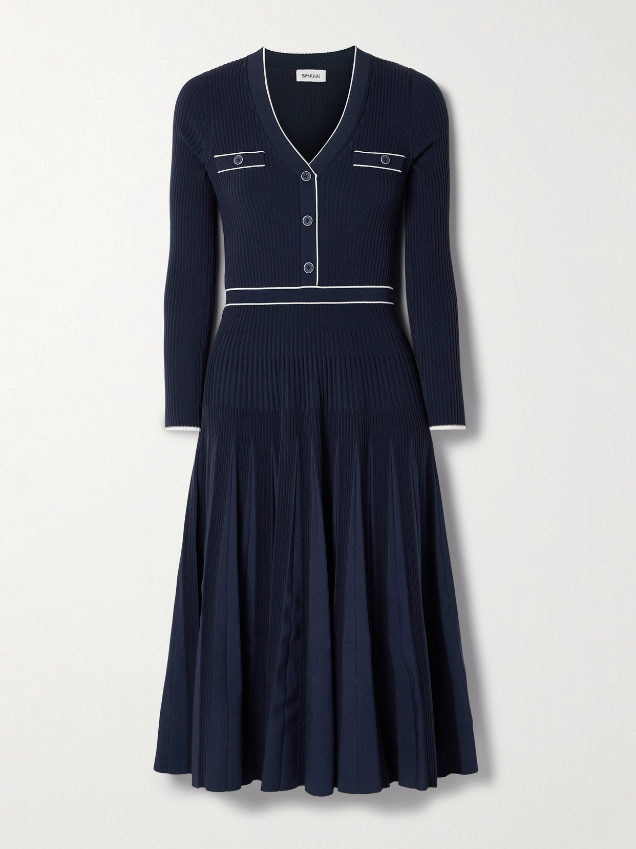 Simkhai Heloisa Pleated Striped Ribbed-knit Midi Dress In Blue