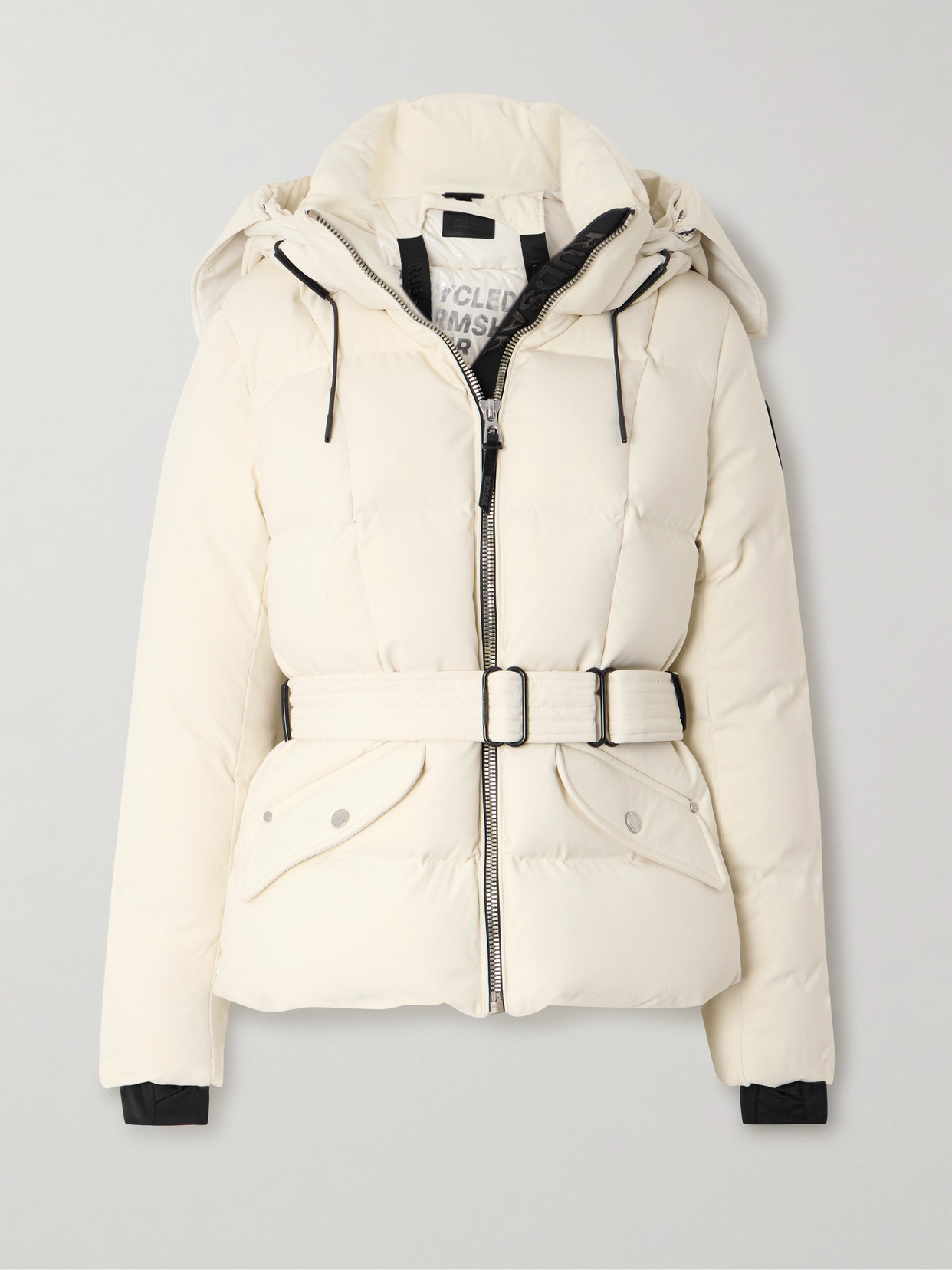 Rudsak Caira Belted Padded Quilted Recycled-stormshell Hooded Down Jacket In Cream