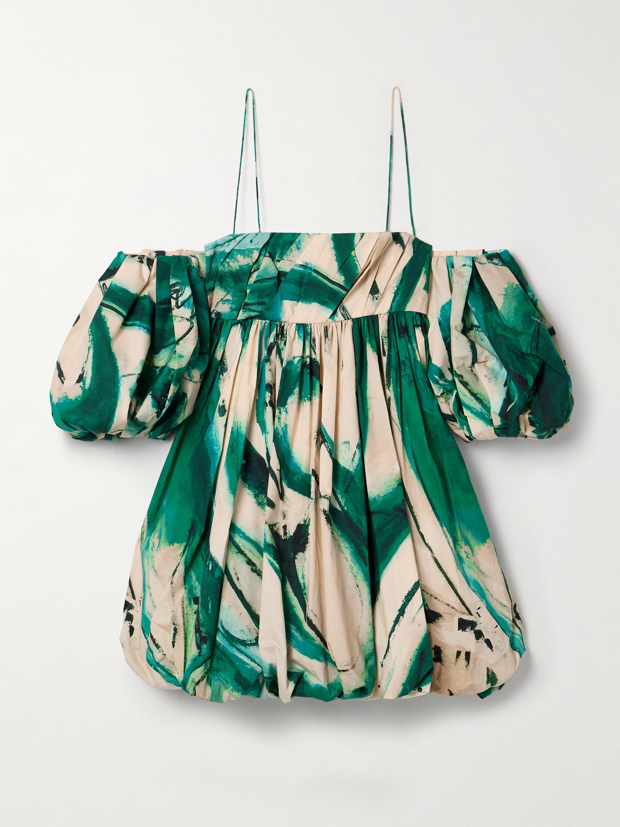 Shop Ulla Johnson + Lee Krasner Hartigan Cold-shoulder Pleated Printed Cotton-poplin Mini Dress In Green