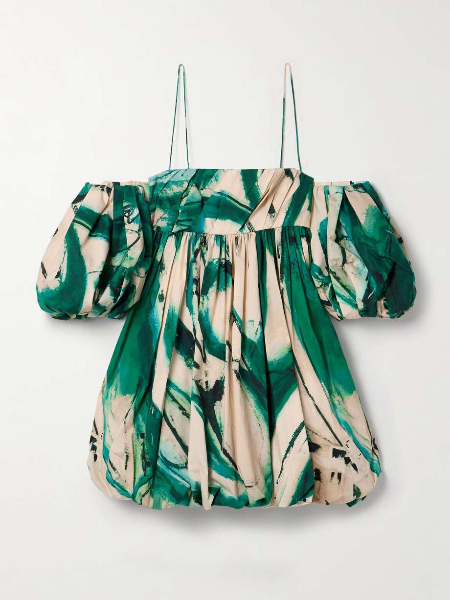 + lee krasner hartigan cold-shoulder pleated printed cotton-poplin mini dress