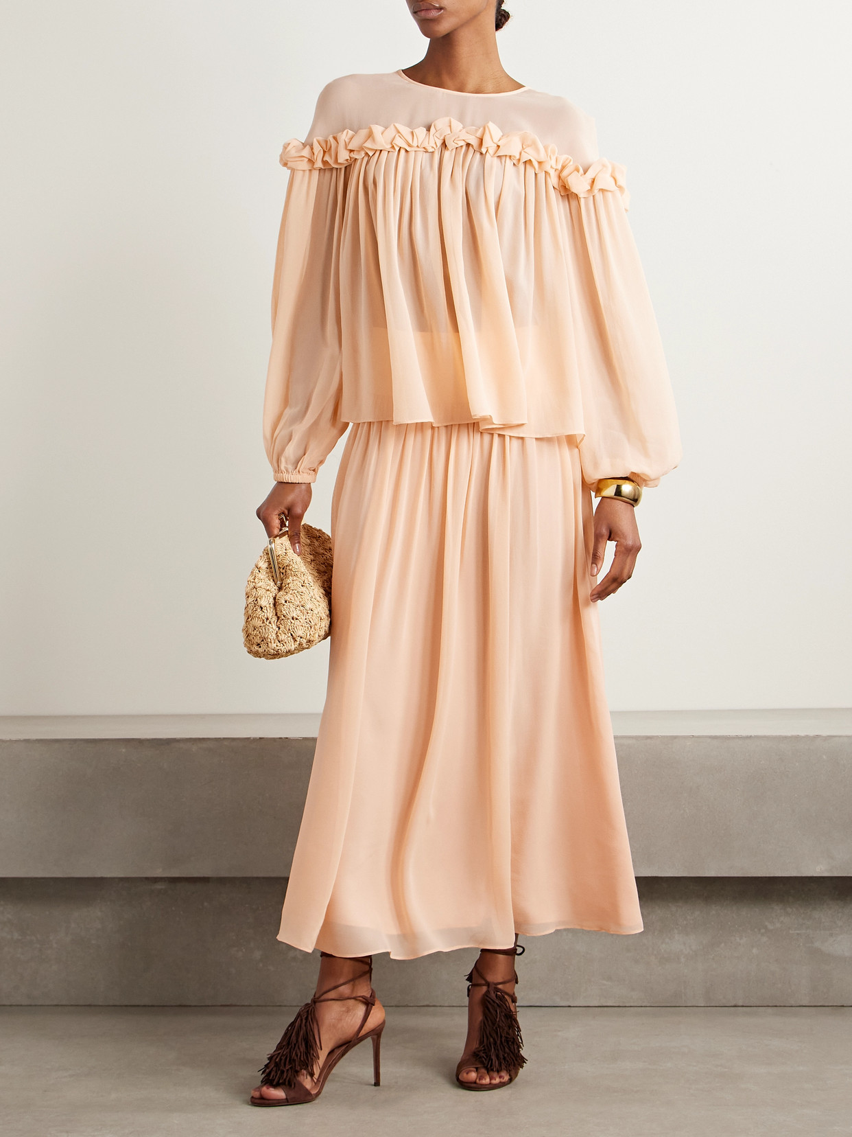 Peggy Ruffled Gathered Silk Crepe De Chine Blouse
