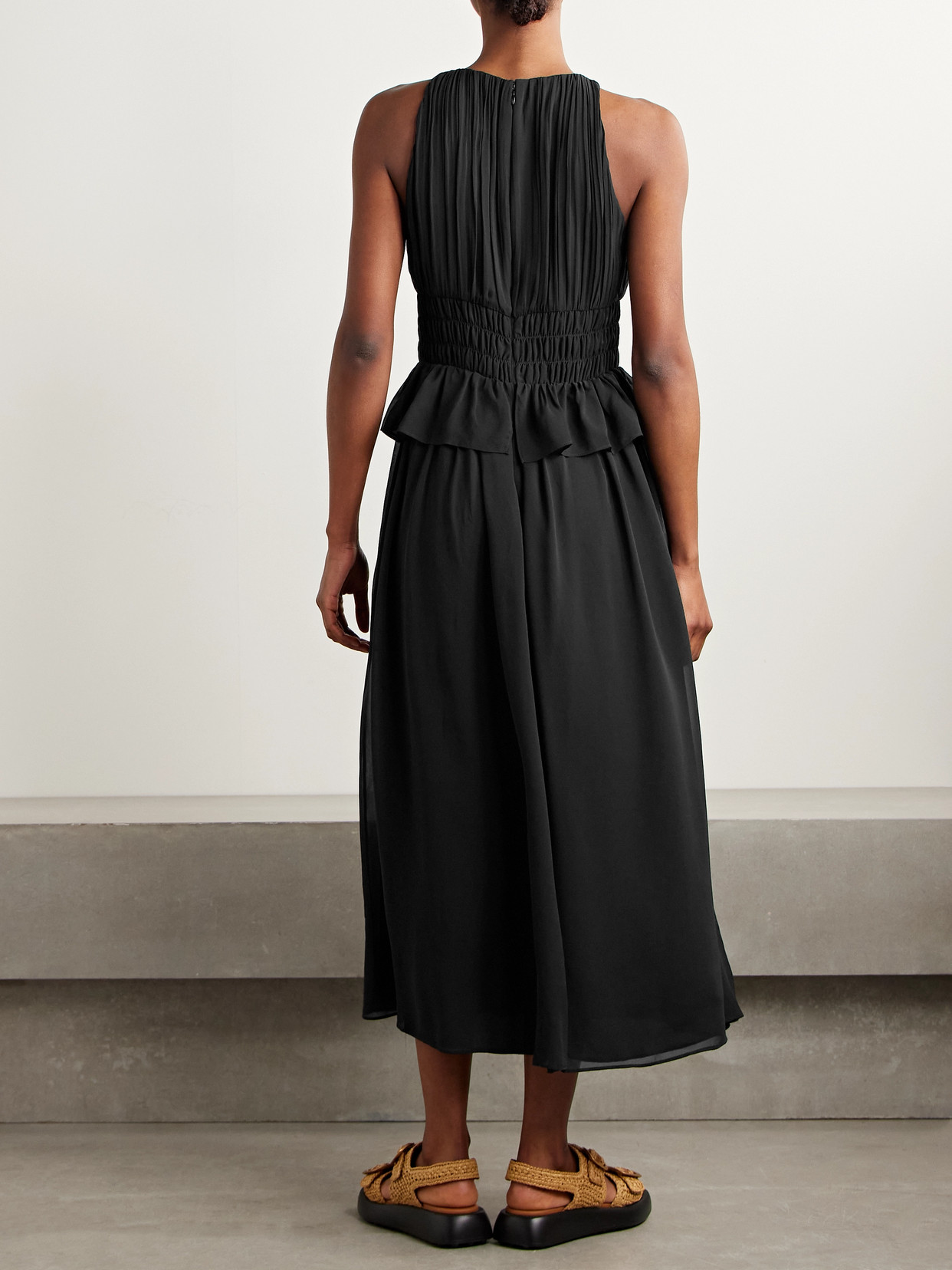 Shop Ulla Johnson Adeline Shirred Silk Crepe De Chine Peplum Midi Dress In Black