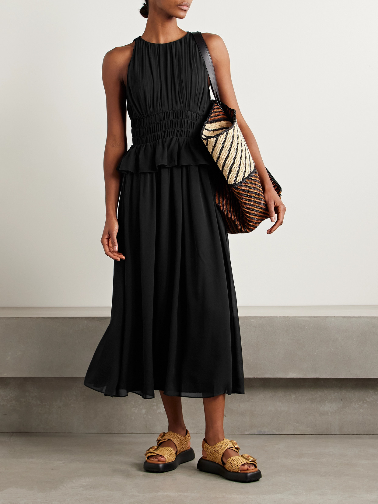 Shop Ulla Johnson Adeline Shirred Silk Crepe De Chine Peplum Midi Dress In Black