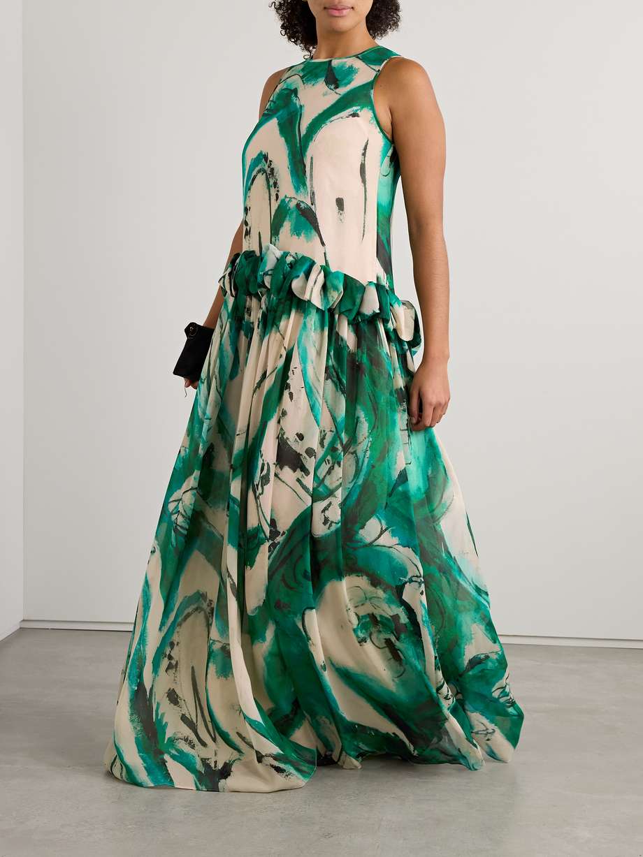 + lee krasner helen ruffled printed silk-georgette gown