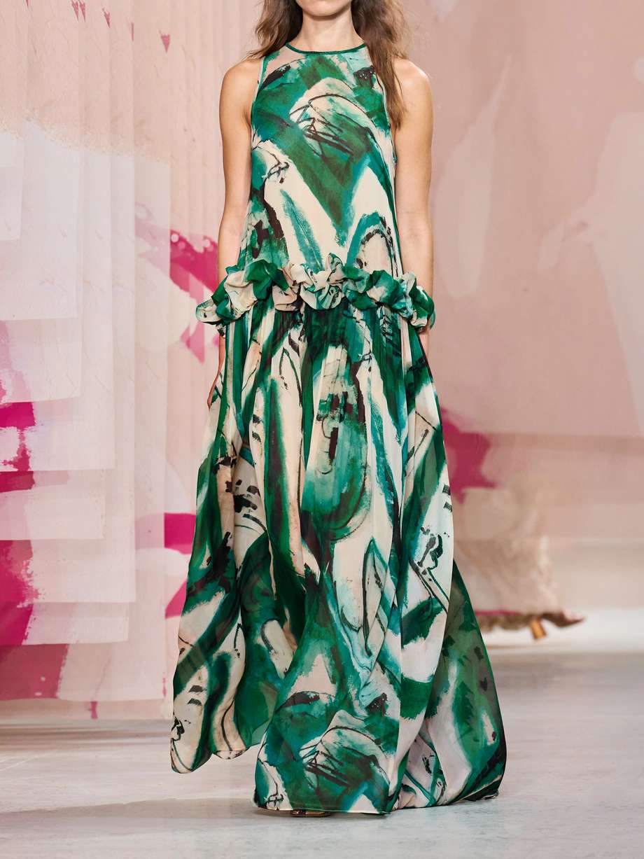 + lee krasner helen ruffled printed silk-georgette gown