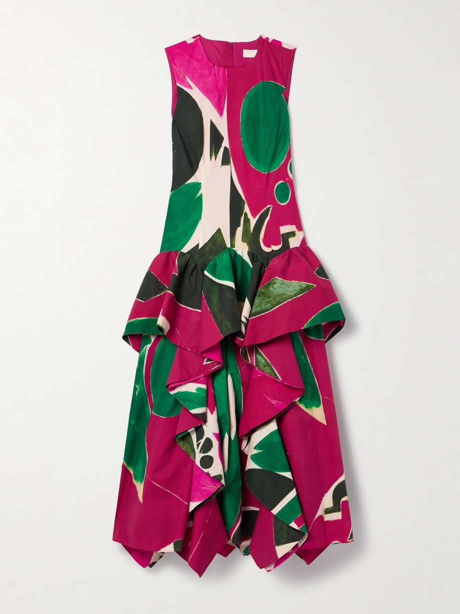 + lee krasner mural draped printed cotton-poplin gown