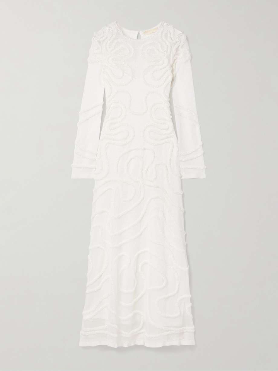 valentina appliquéd pointelle-knit midi dress