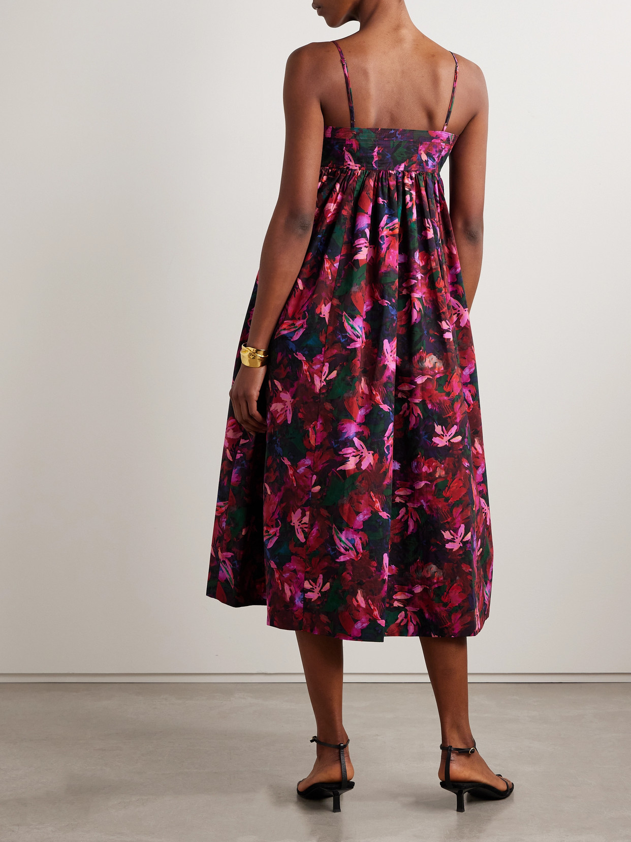 ULLA JOHNSON LUCILLE GATHERED FLORAL-PRINT COTTON-POPLIN MIDI DRESS