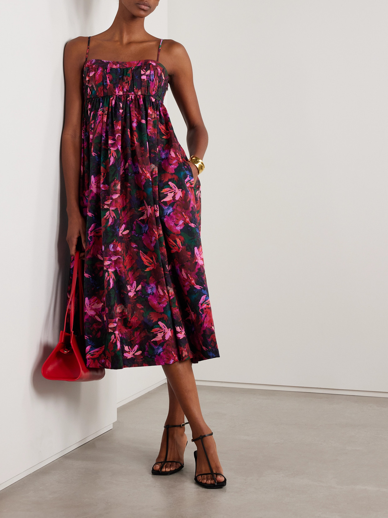 ULLA JOHNSON LUCILLE GATHERED FLORAL-PRINT COTTON-POPLIN MIDI DRESS