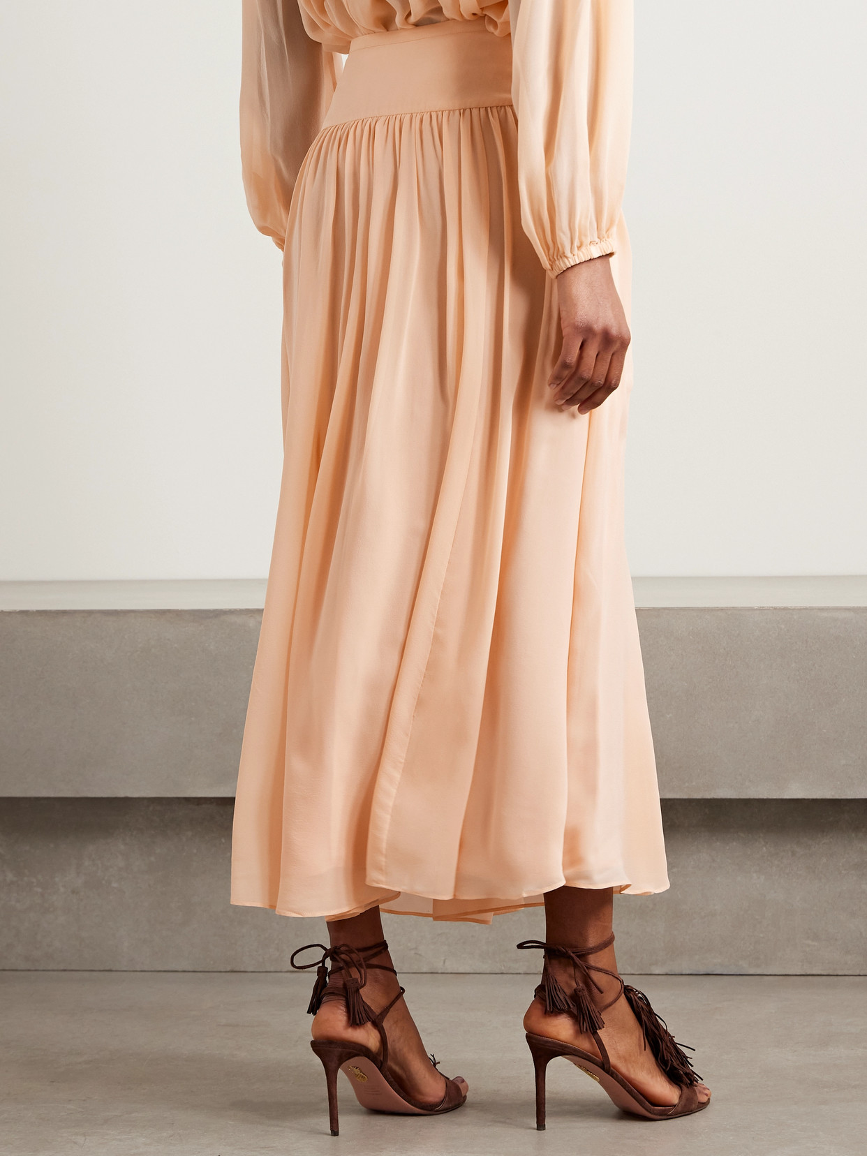 Ulla Johnson Reina Gathered Silk Crepe De Chine Midi Skirt In Orange