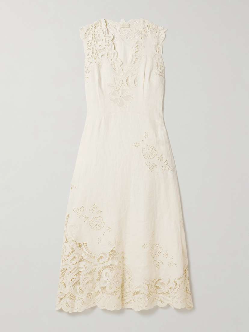 Ulla Johnson Olivette Guipure Lace-trimmed Broderie Anglaise Linen Midi Dress