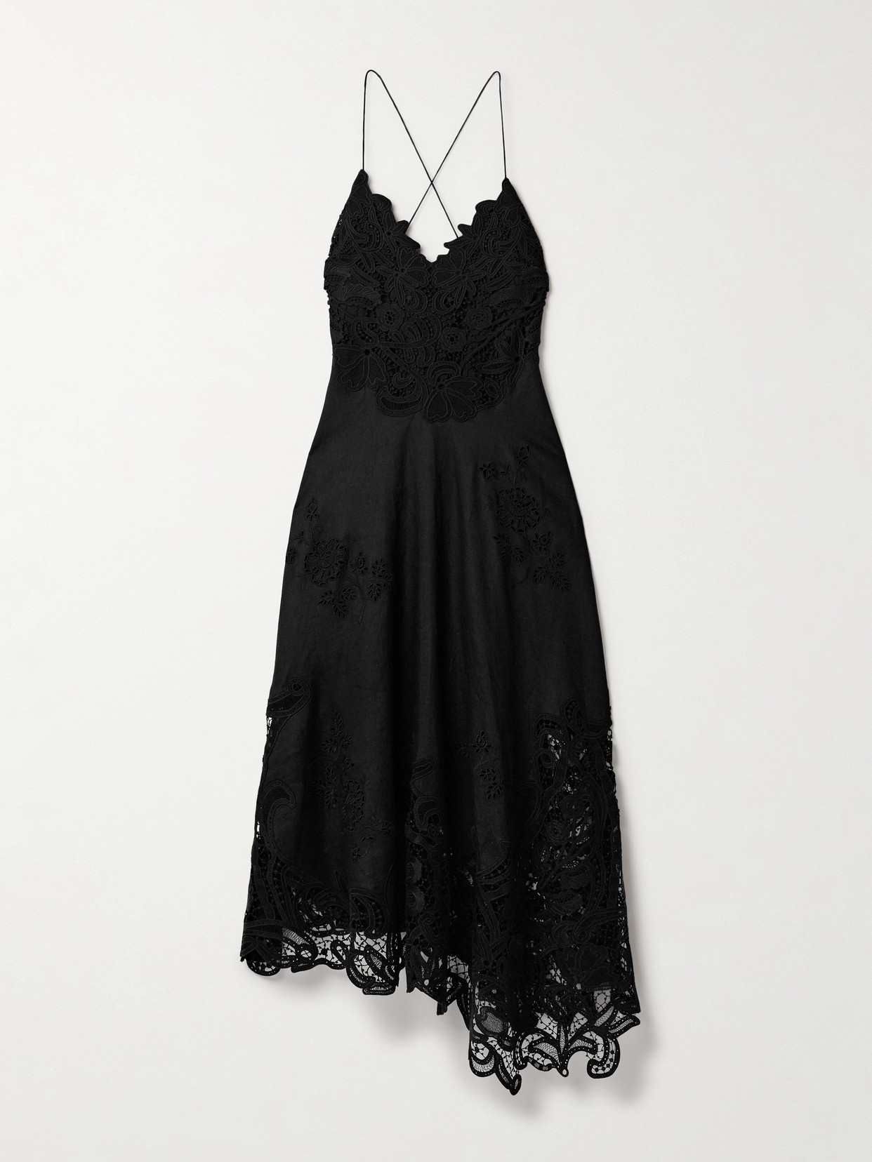 Ulla Johnson Brigitte Guipure Lace-paneled Linen Midi Dress In Black