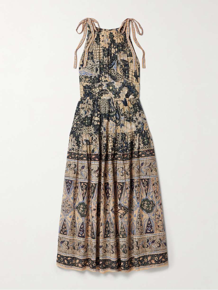 essie smocked tiered printed cotton-blend voile midi dress