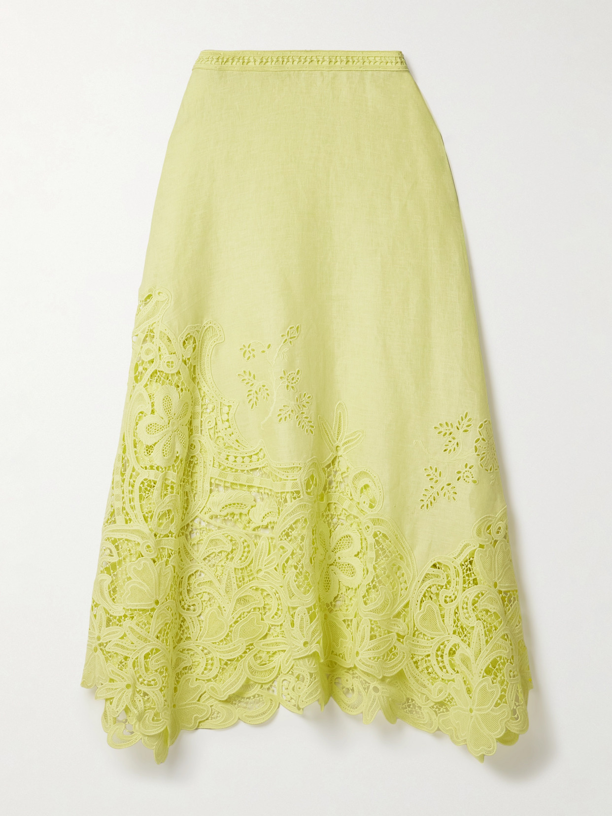 Ulla Johnson Rae Guipure Lace-paneled Linen Midi Skirt In Yellow