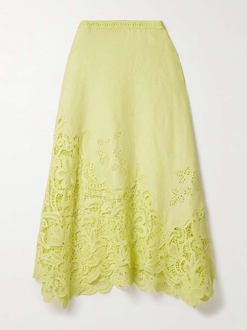 Ulla Johnson Rae Guipure Lace-paneled Linen Midi Skirt