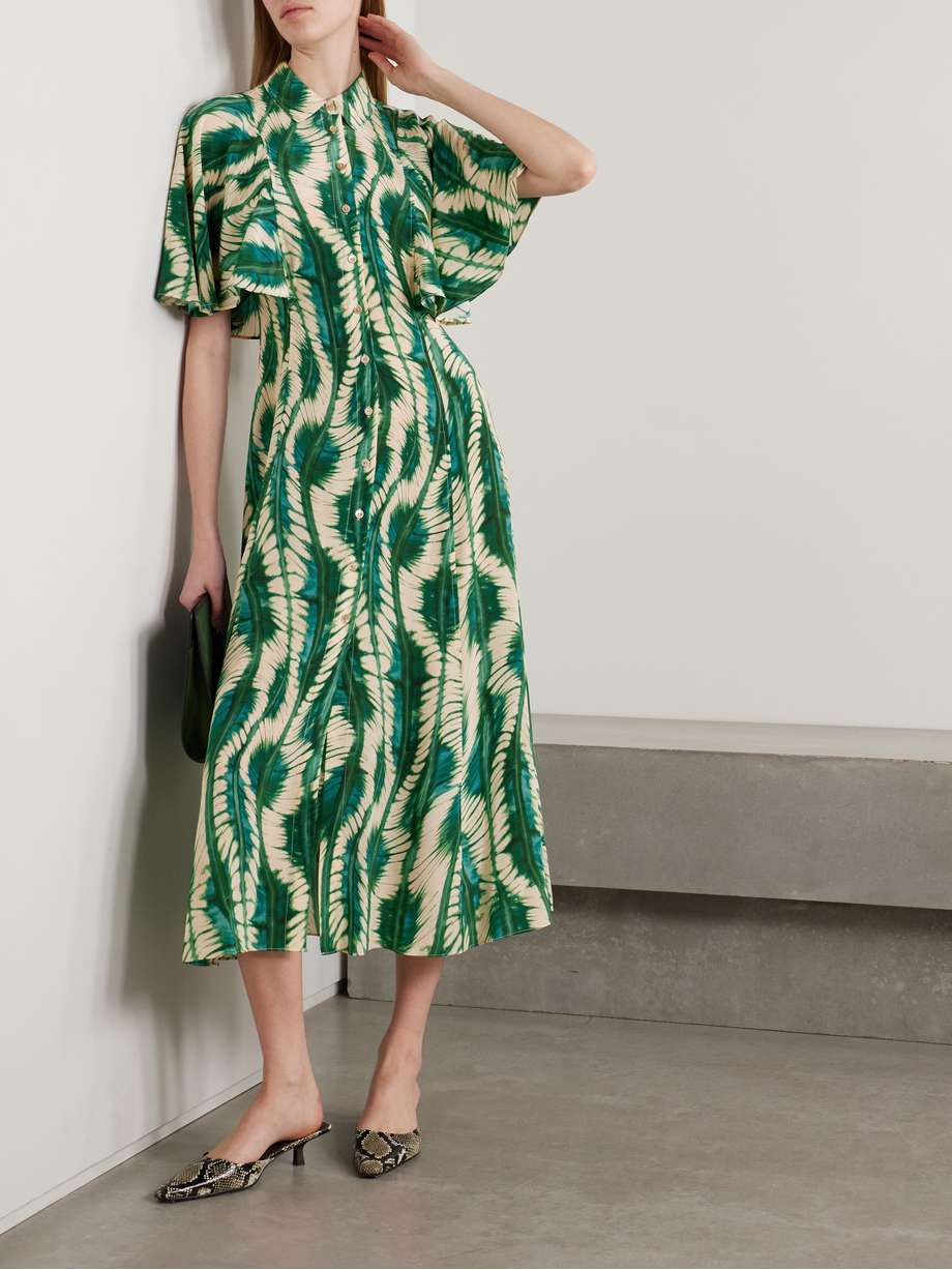 silhouette printed silk crepe de chine midi shirt dress