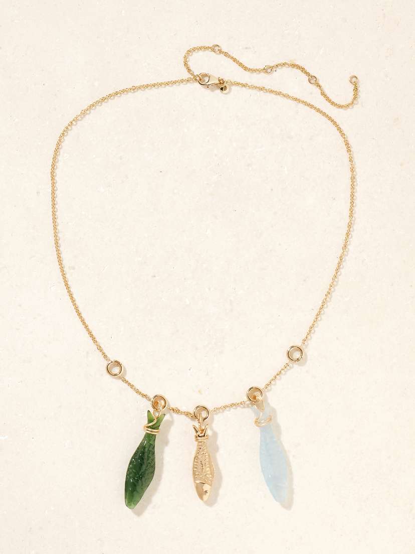 OLE LYNGGAARD COPENHAGEN Young Fish 18-karat Gold, Serpentine And Aquamarine Necklace