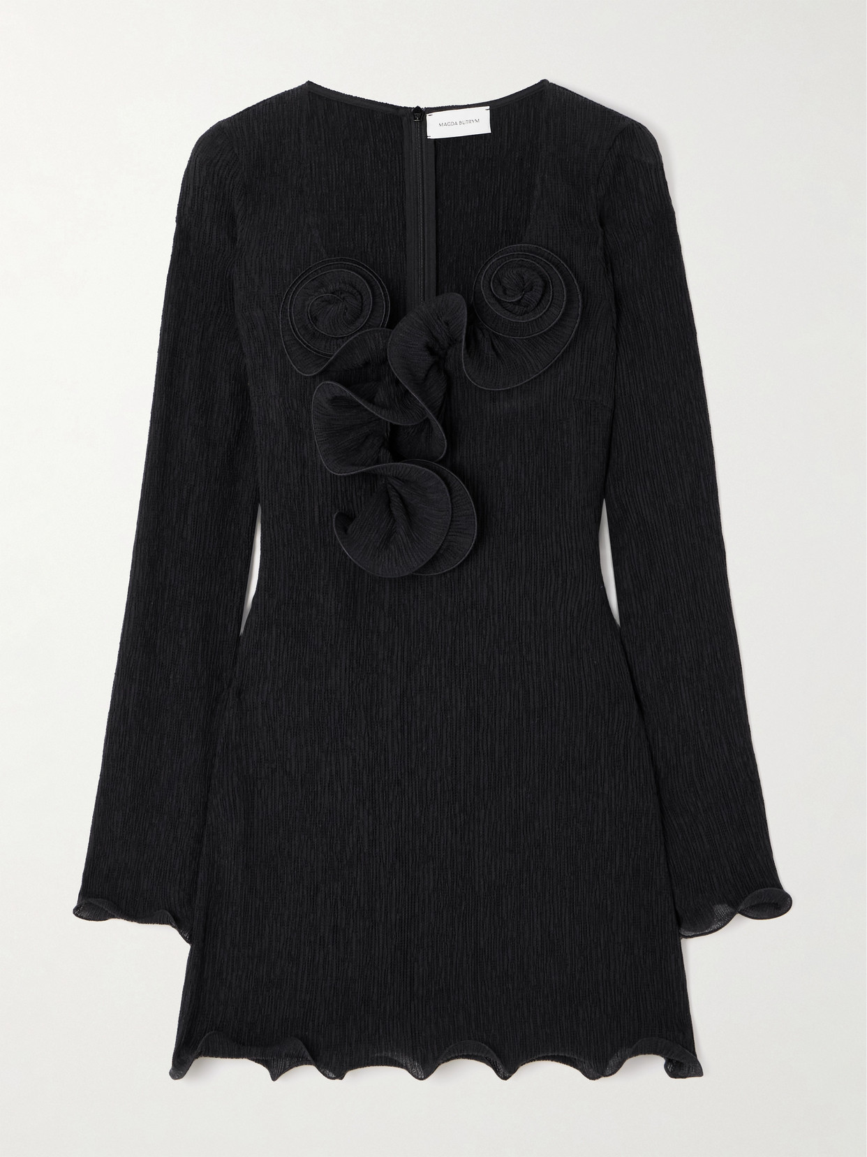 Magda Butrym Appliquéd Ruffled Ribbed Lyocell-blend Mini Dress In Black