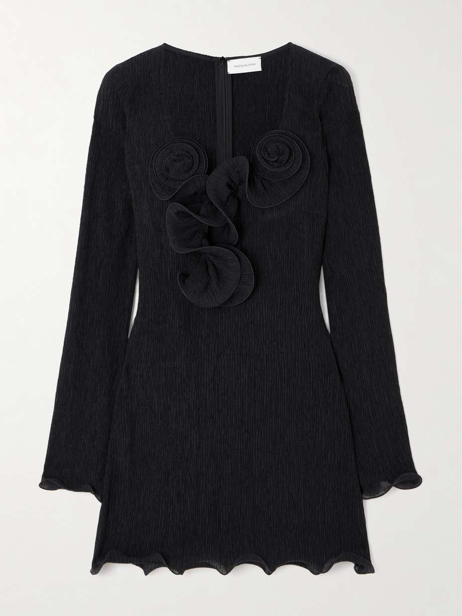appliquéd ruffled ribbed lyocell-blend mini dress