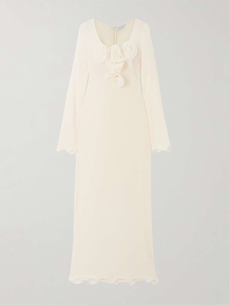 appliquéd ruffled ribbed lyocell-blend midi dress