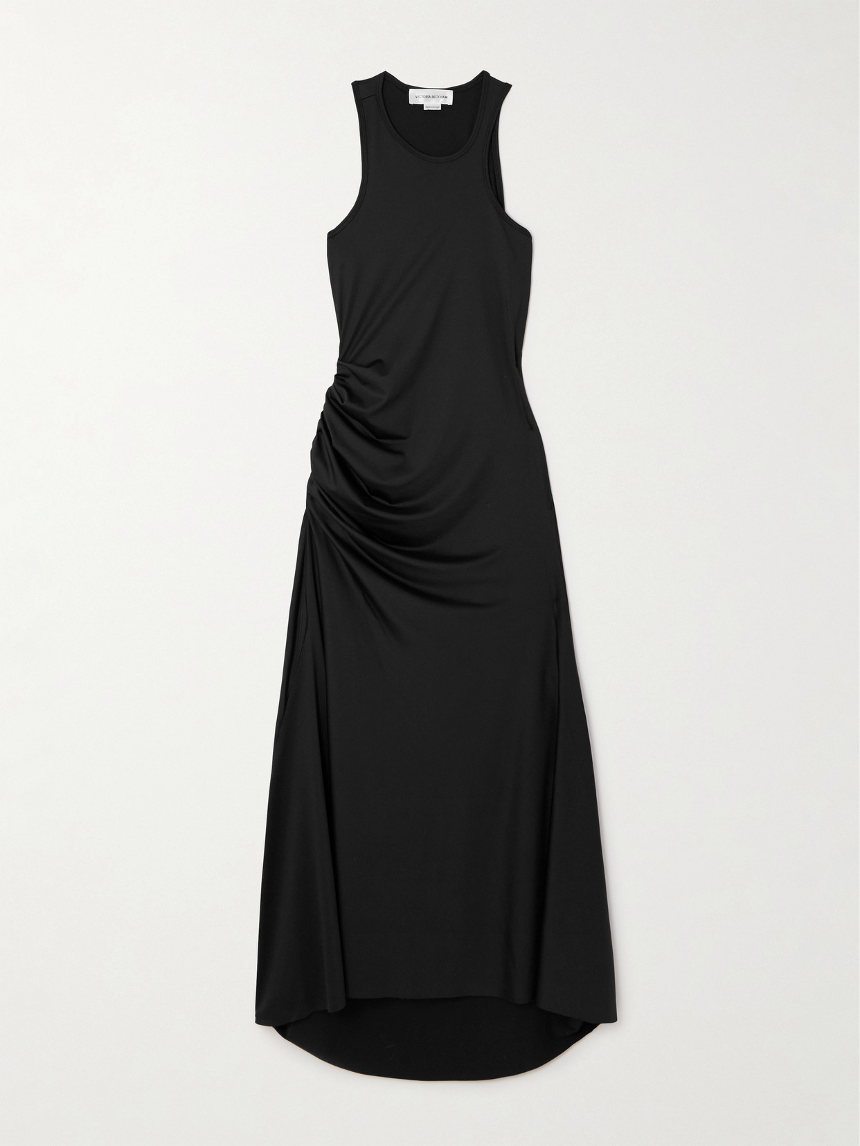 Victoria Beckham Asymmetric Ruched Satin-jersey Midi Dress In Black