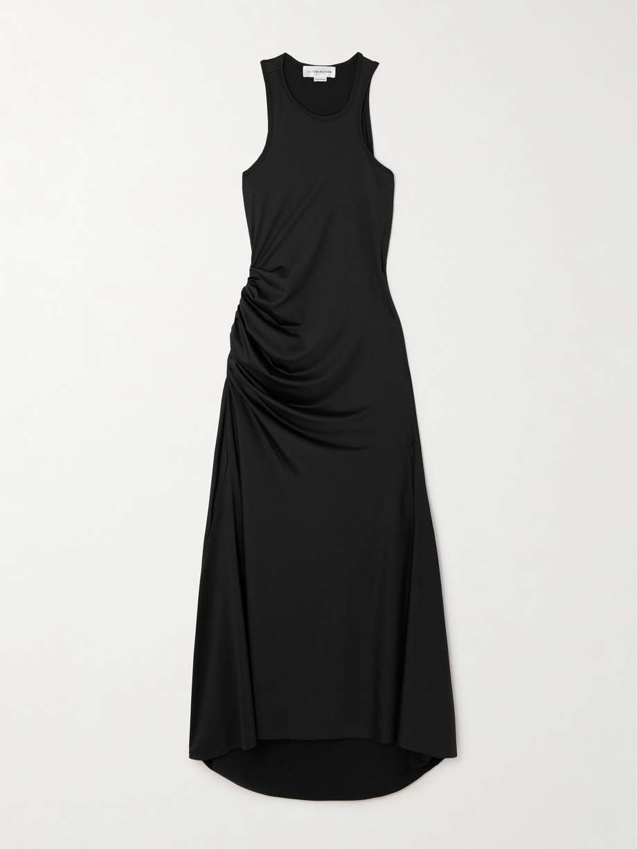 asymmetric ruched satin-jersey midi dress