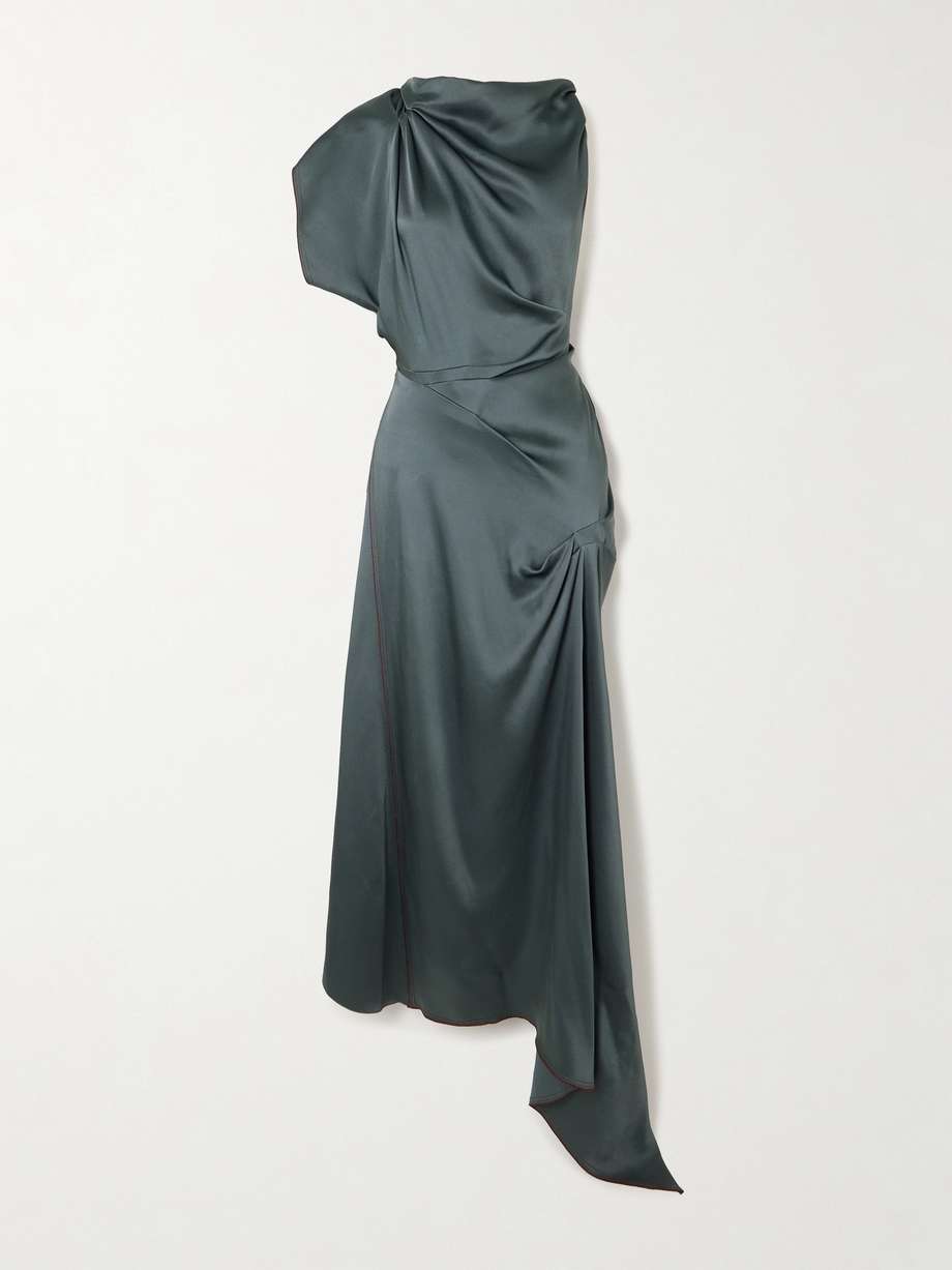 asymmetric draped satin midi dress