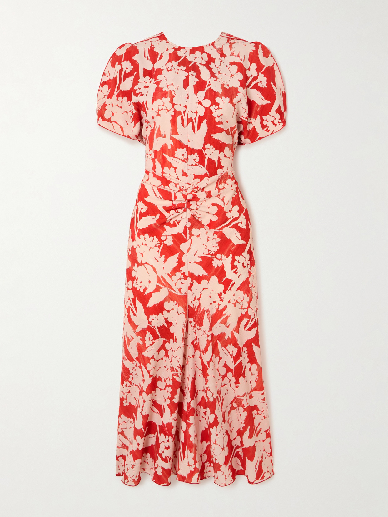 Victoria Beckham Floral Gathered-waist Midi Dress In Red
