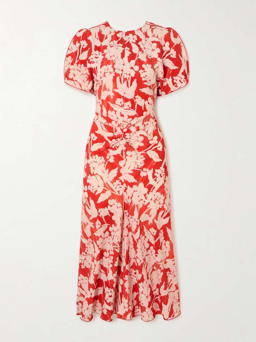 Victoria Beckham Gathered Floral-print Crepe Midi Dress
