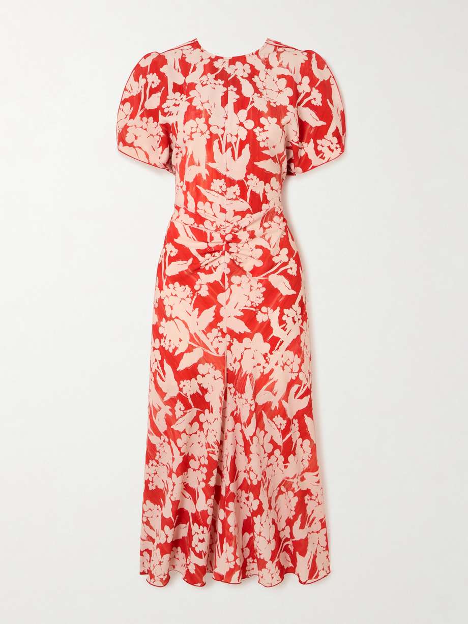 gathered floral-print crepe midi dress