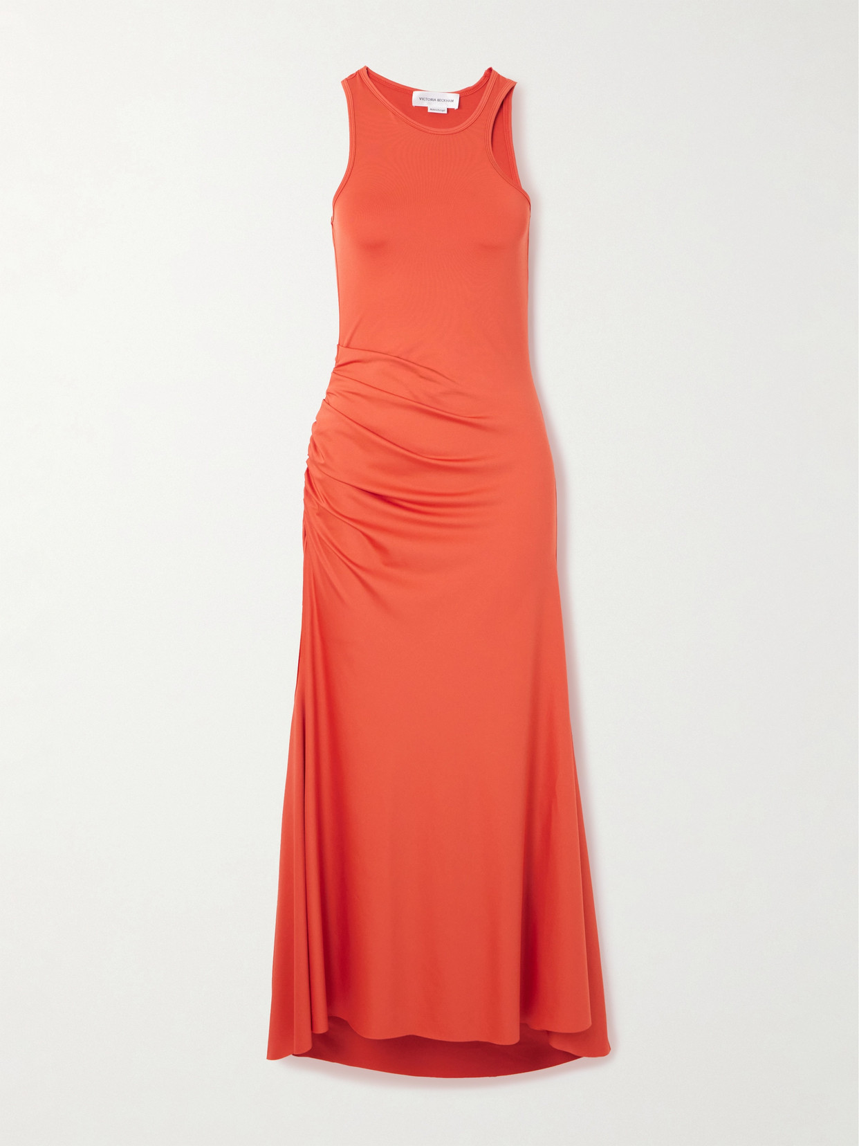 Victoria Beckham Asymmetric Ruched Satin-jersey Midi Dress In Orange