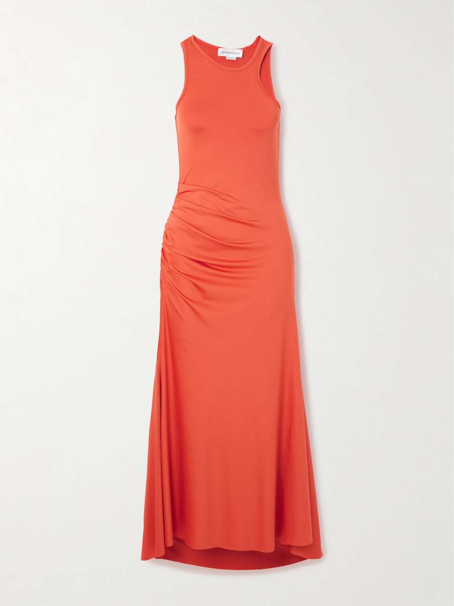 asymmetric ruched satin-jersey midi dress