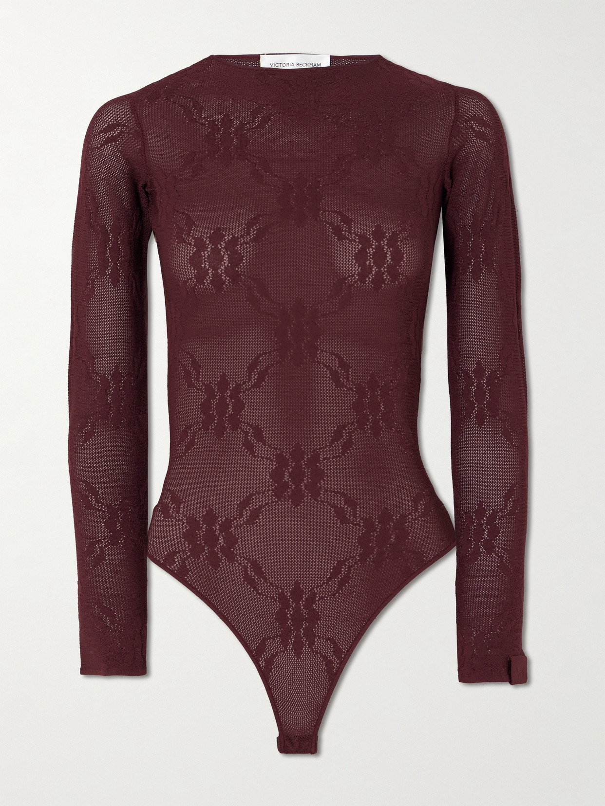 Victoria Beckham Open-back Embroidered Open-knit Bodysuit In Burgundy