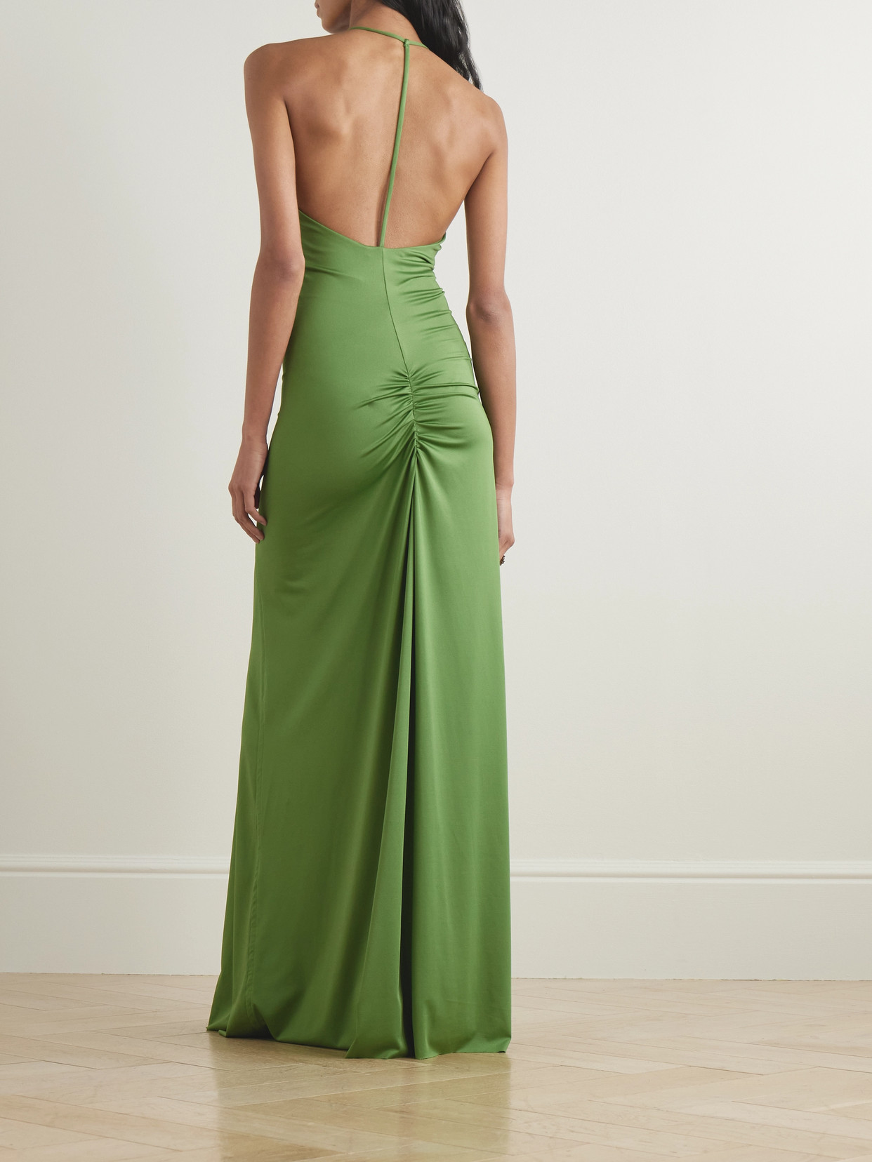 Shop Victoria Beckham Cutout Ruched Stretch-satin Gown In Green
