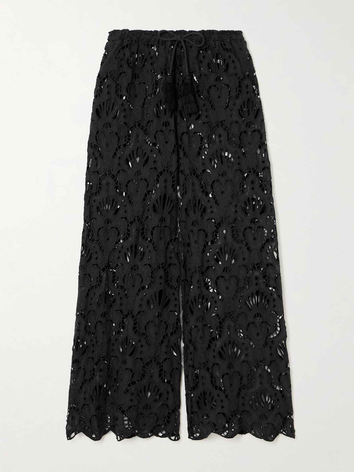 Farm Rio Seashell Tassled Broderie Anglaise Cotton Wide-leg Pants In Black