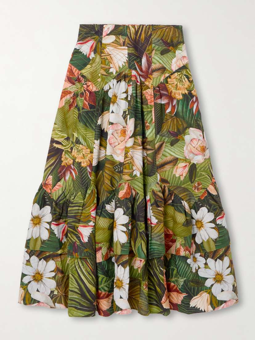 Farm Rio Botanical Forest Asymmetric Tiered Linen-blend Midi Skirt