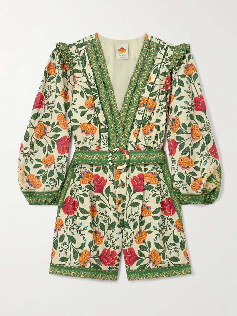 Farm Rio Garden Tapestry Ruffled Belted Floral-print Cotton-poplin Jumpsuit