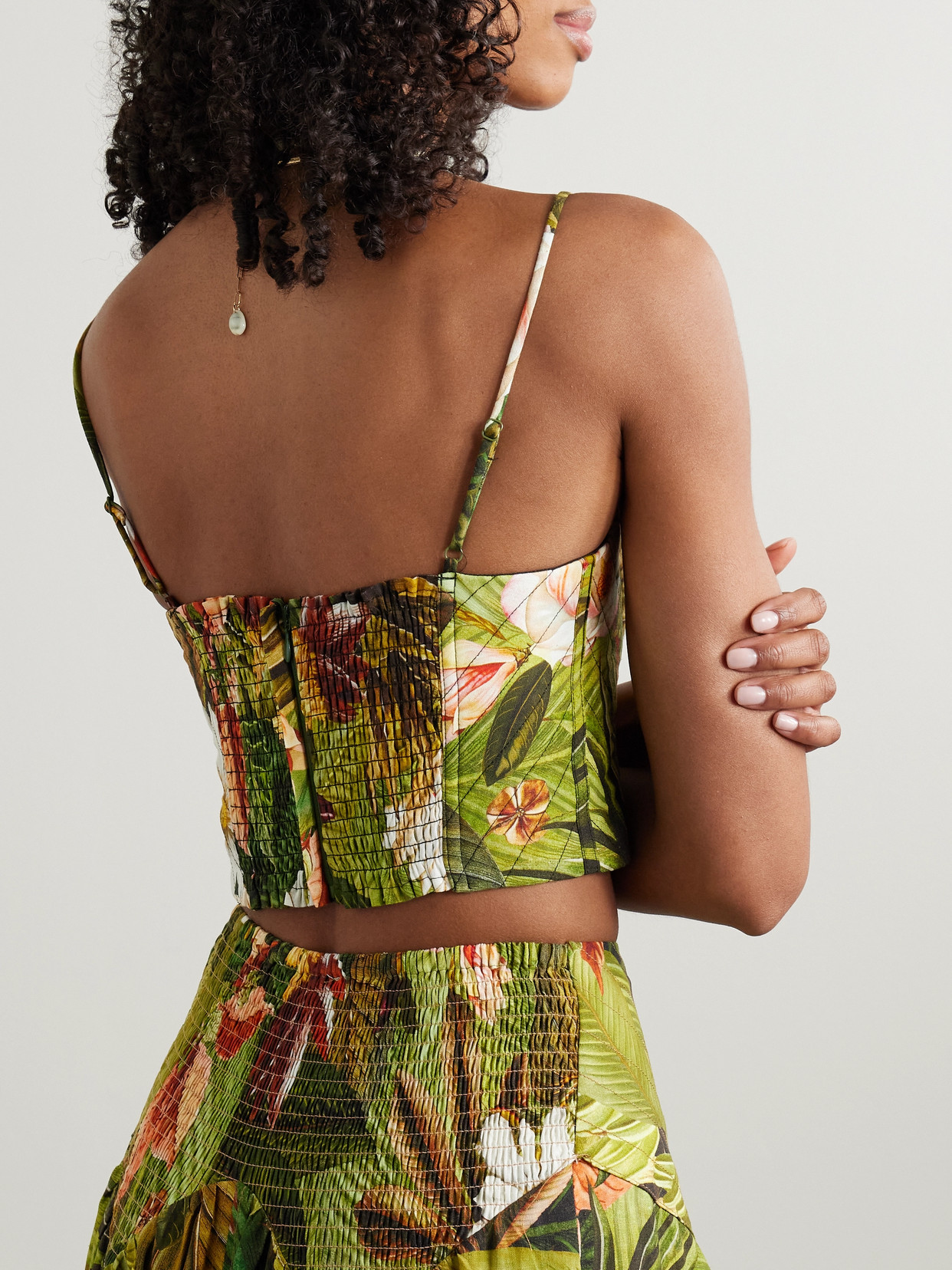 FARM RIO BOTANICAL FOREST CROPPED FLORAL-PRINT LINEN-BLEND TOP