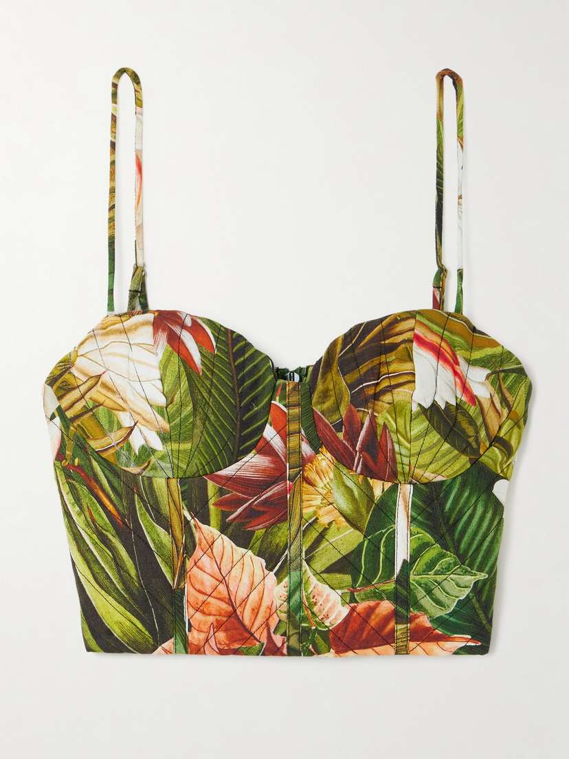 Farm Rio Botanical Forest Cropped Floral-print Linen-blend Top