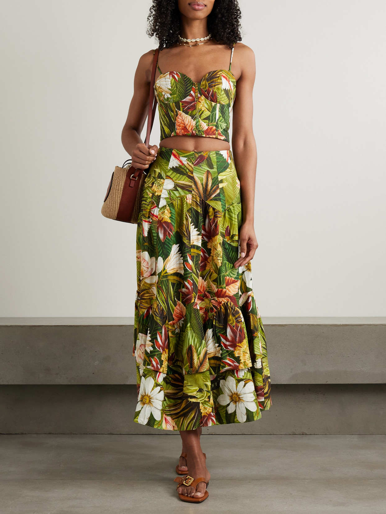 FARM RIO BOTANICAL FOREST CROPPED FLORAL-PRINT LINEN-BLEND TOP