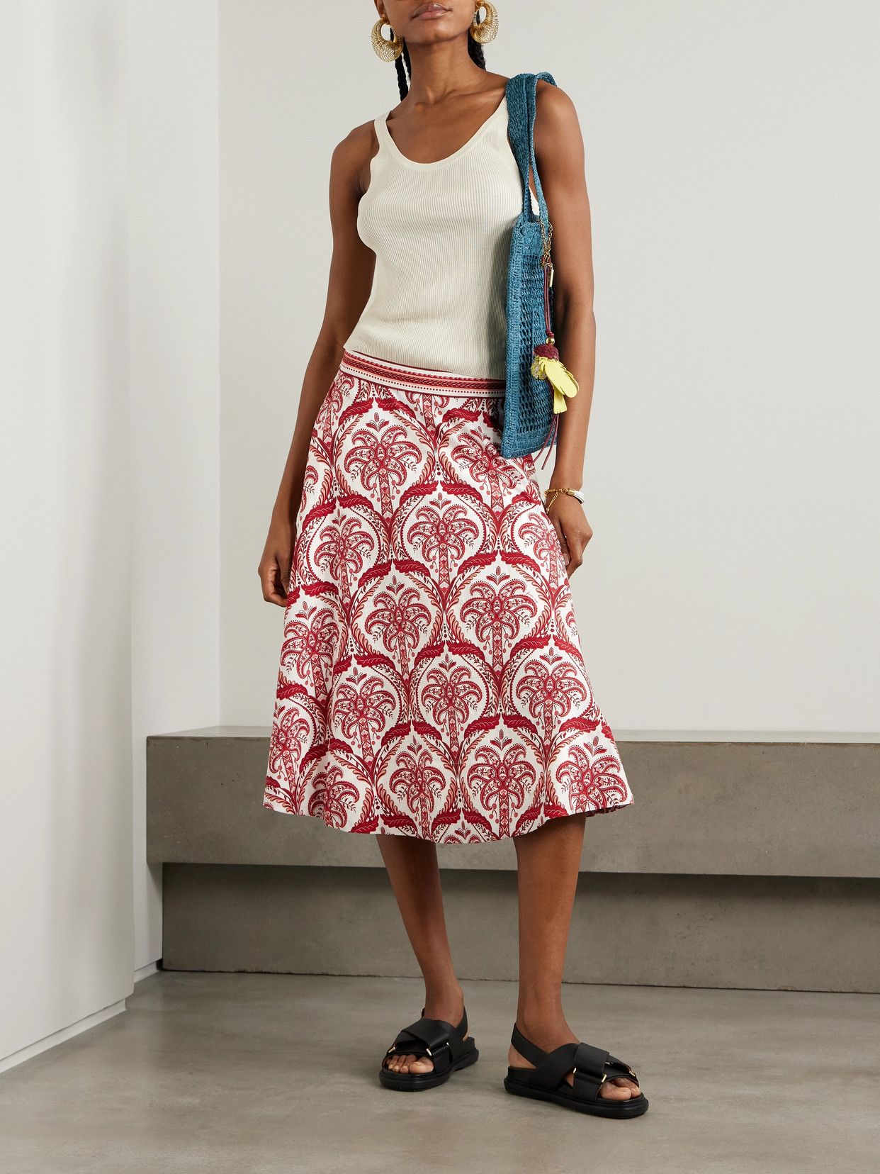 FARM RIO PRINTED LINEN-BLEND MIDI SKIRT